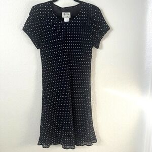 Vtg 90s Jeffrey & Dara Sz 10 Black w/ White Polka Dots Flowy Short Sleeves Dress